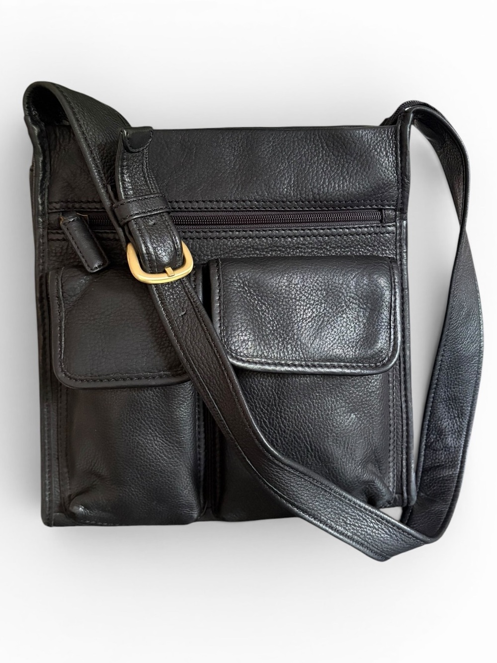 Fossil Vintage Black Pebble Leather Shoulder Bag with Front Pockets